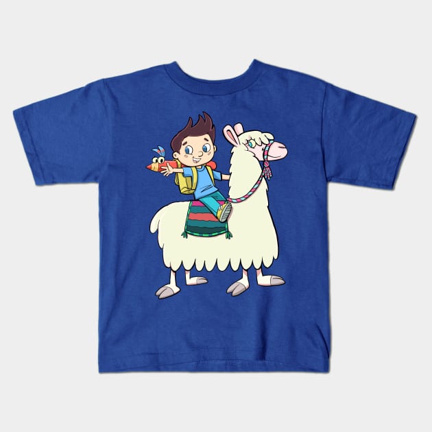 boy student riding a llama Kids T-Shirt by duxpavlic